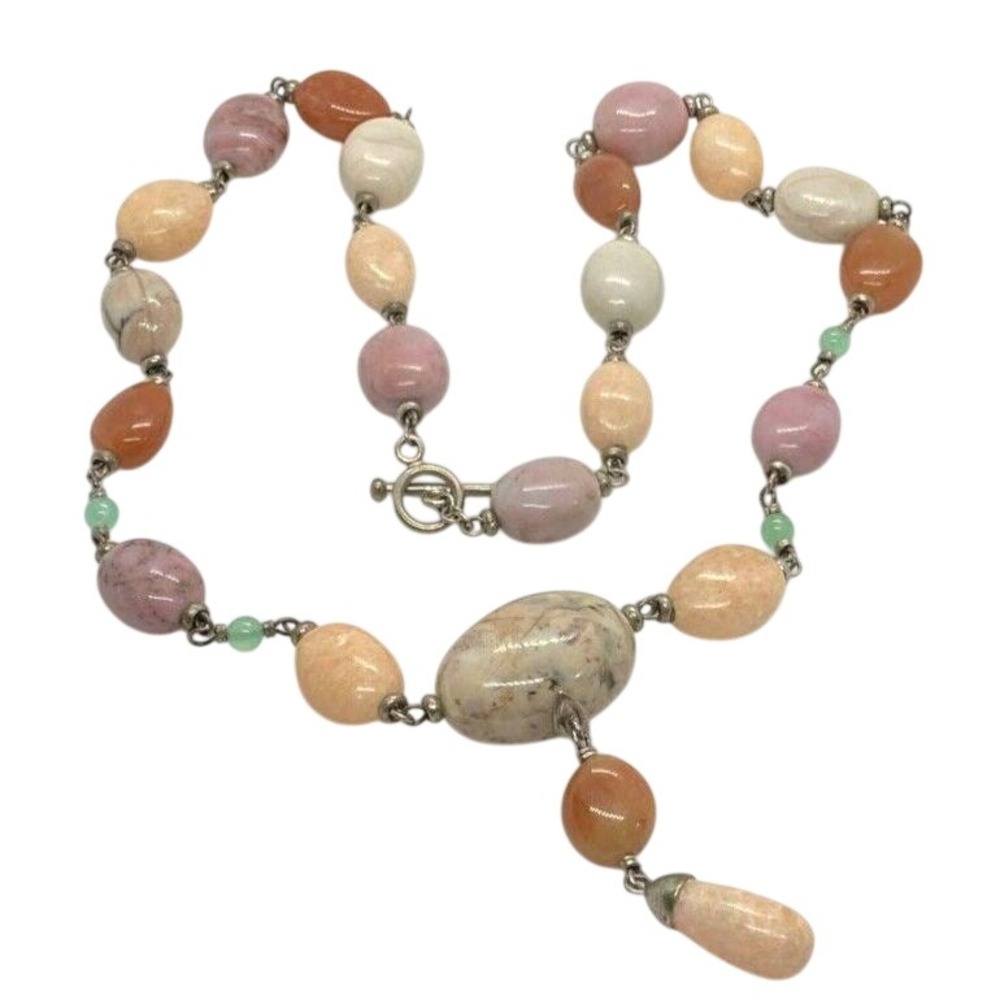 Vintage Polished Agate Stone Beaded 26'' Necklace Sterling 925 Silver 122g